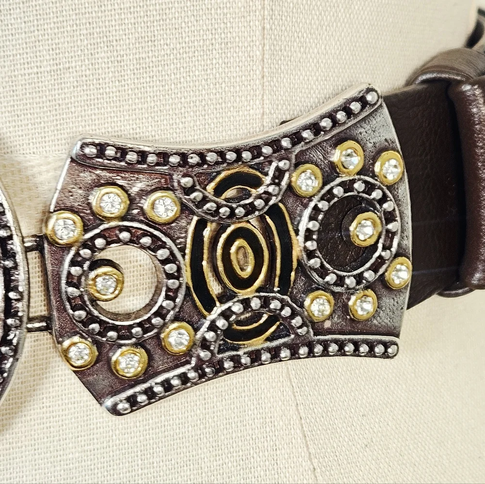 Chico's Brown Leather Western Belt Rhinestone Statement Buckle Boho M/L